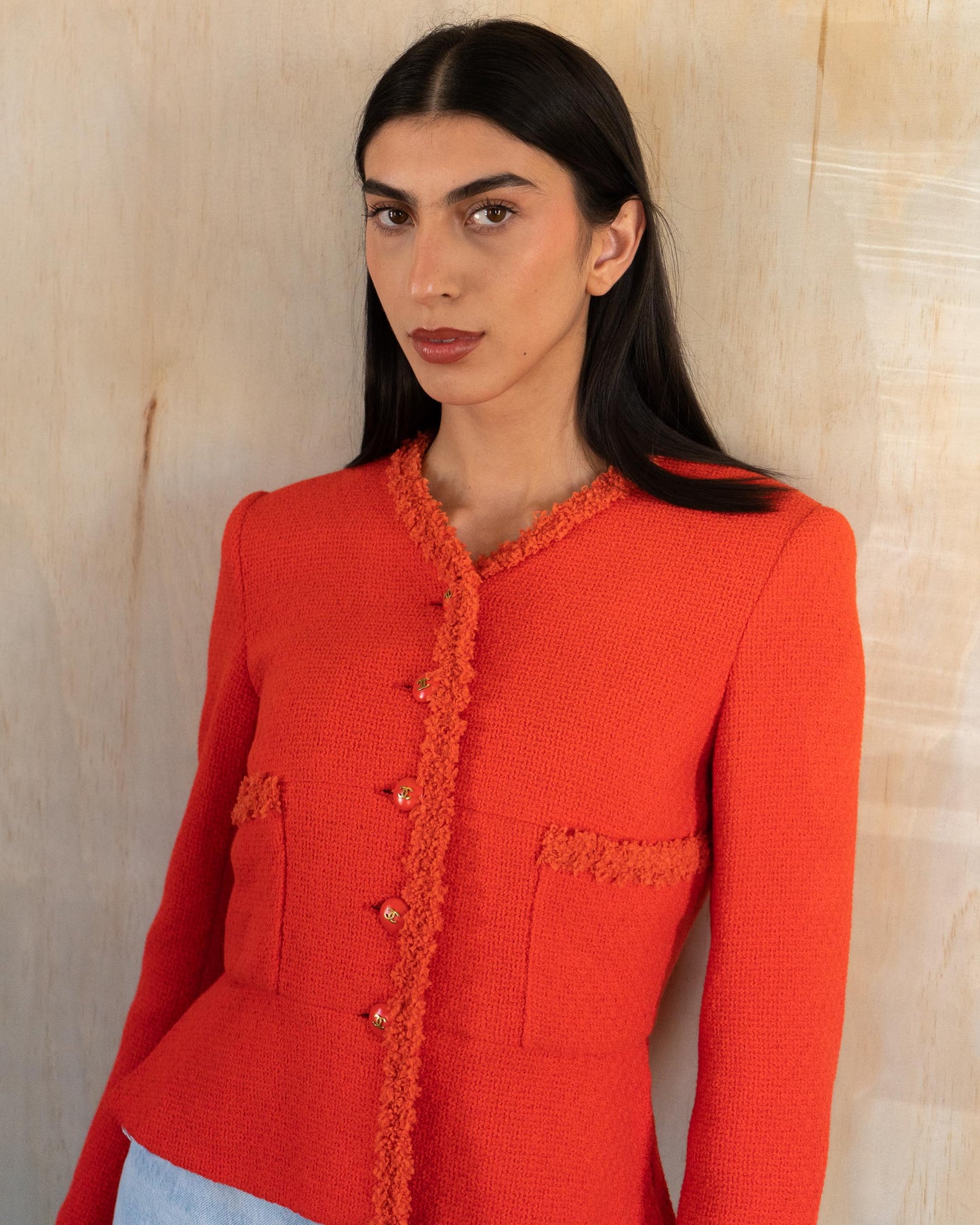 FR36-38 Rare Chanel Cruise 1995 Scarlet Red Skirt Suit