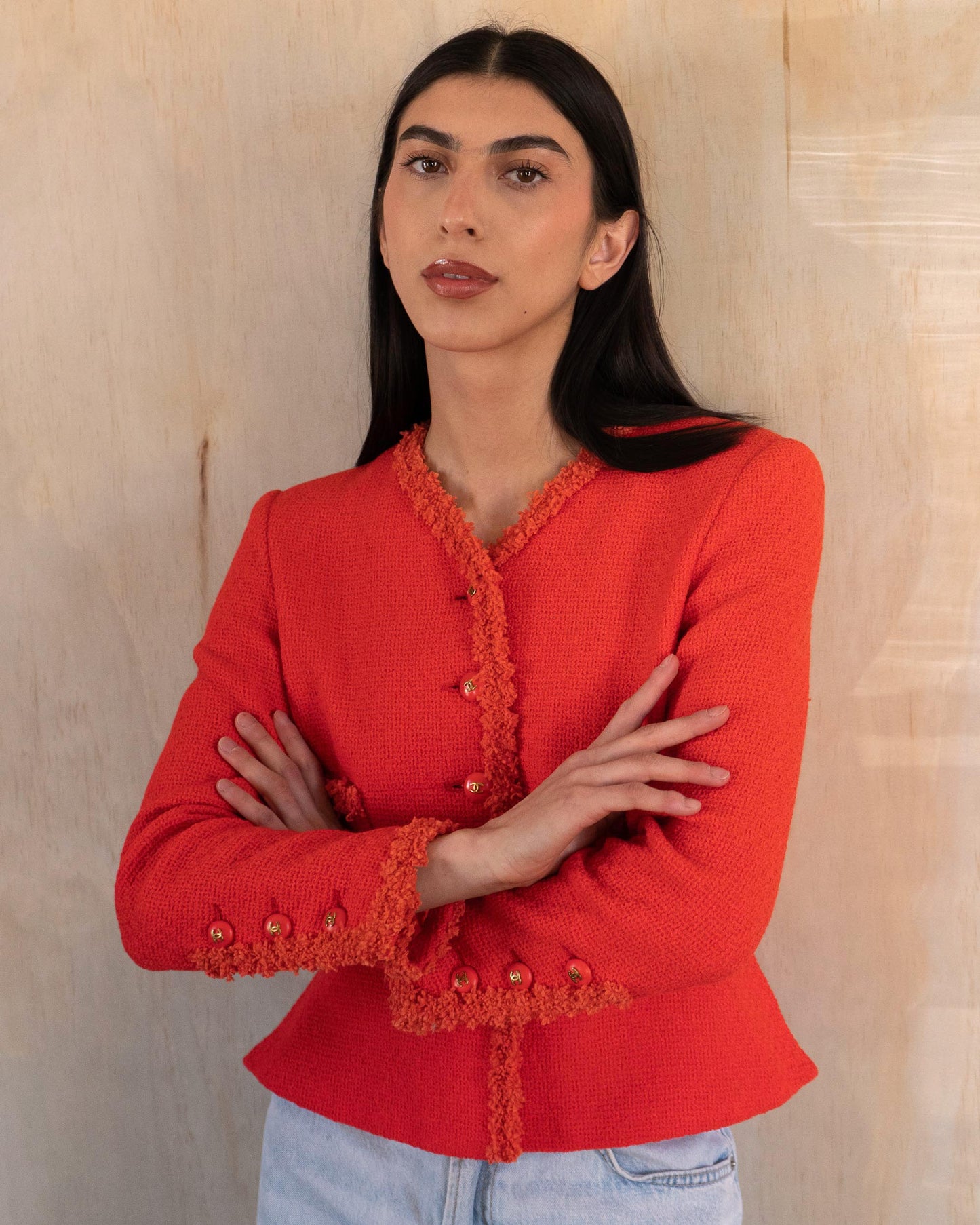 FR36-38 Rare Chanel Cruise 1995 Scarlet Red Skirt Suit