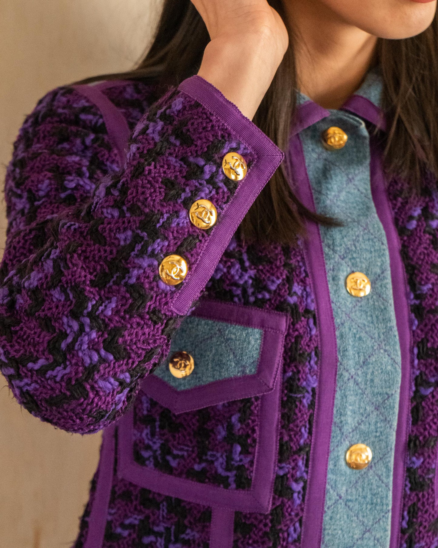 FR34-36 Chanel Fall 1991 Iconic Four Pocket Wool and Denim Jacket