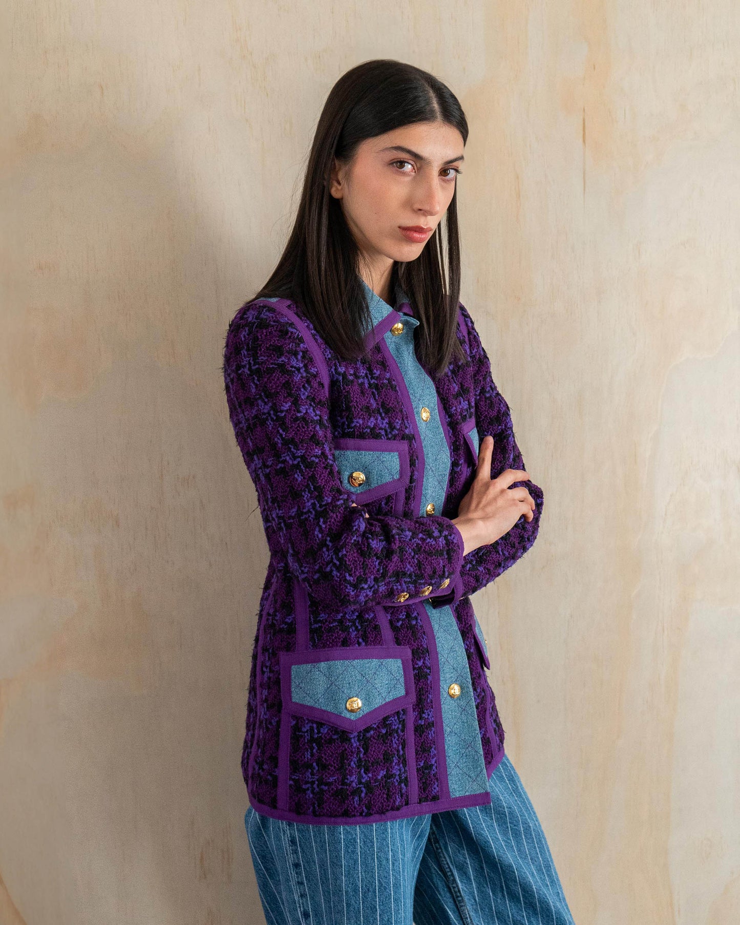 FR34-36 Chanel Fall 1991 Iconic Four Pocket Wool and Denim Jacket