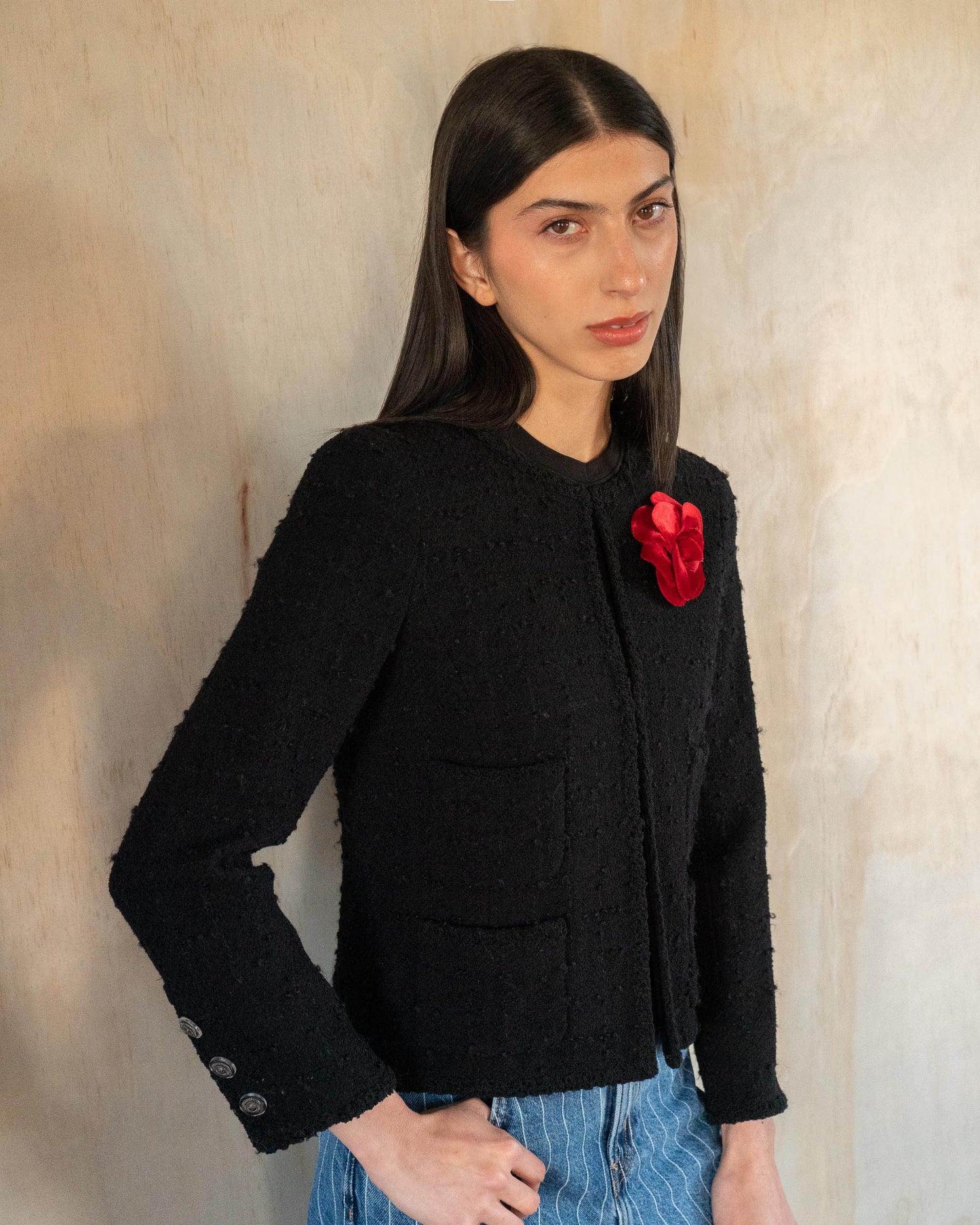 FR34-36 Chanel Fall 2009 Timeless Classic Collarless Four Pocket Black Tweed Jacket