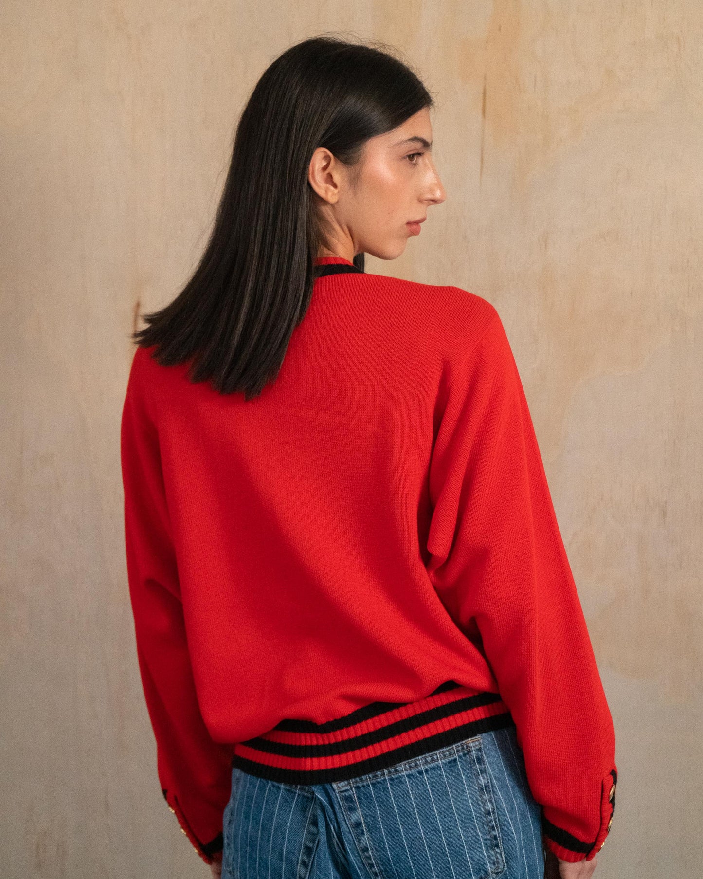 FR36-42 Chanel Fall 1987 Two Pocket Red and Black Cashmere Cardigan