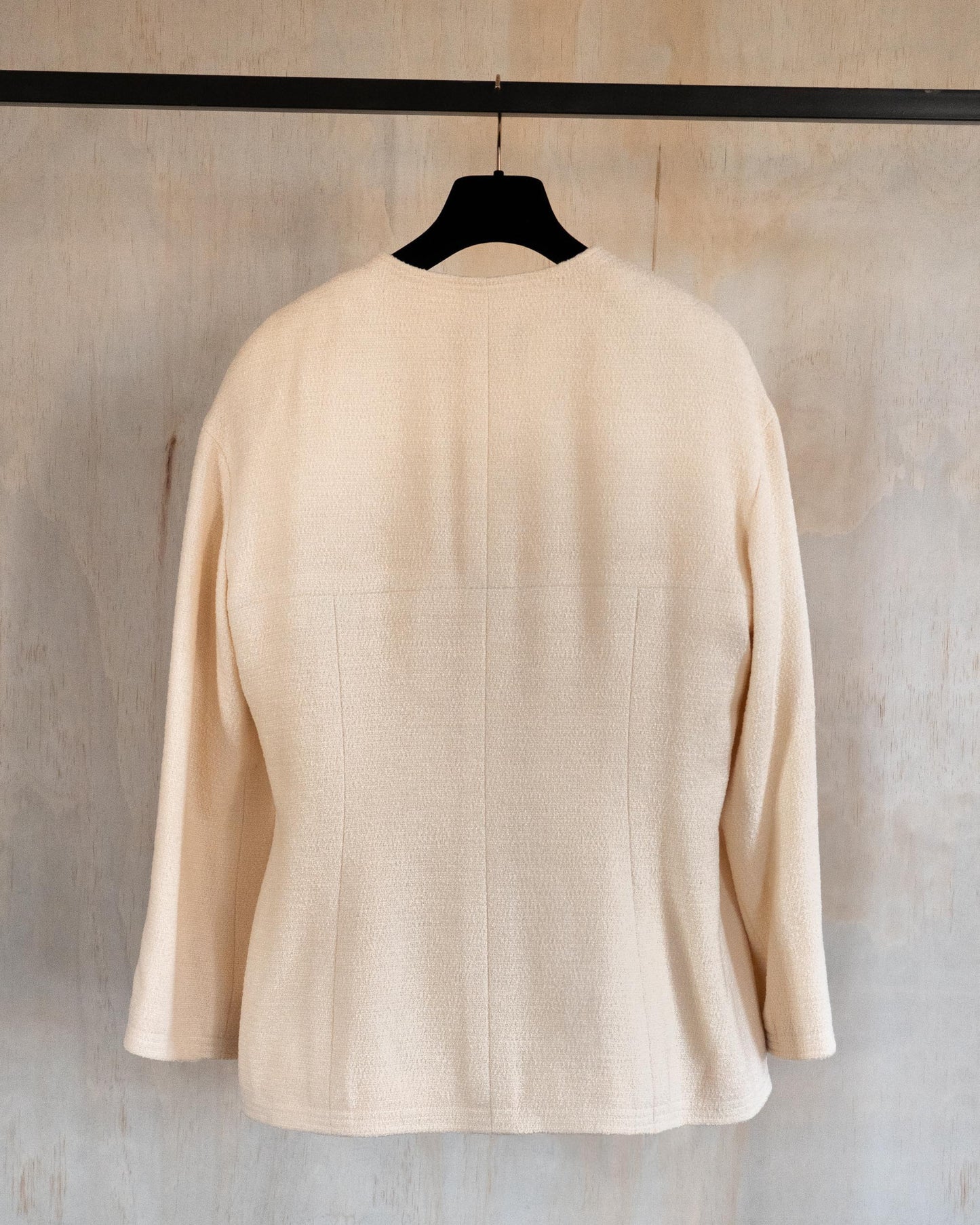 FR36-44 Chanel Spring 1994 Classic Four Pocket Collarless Ivory Wool Tweed Jacket
