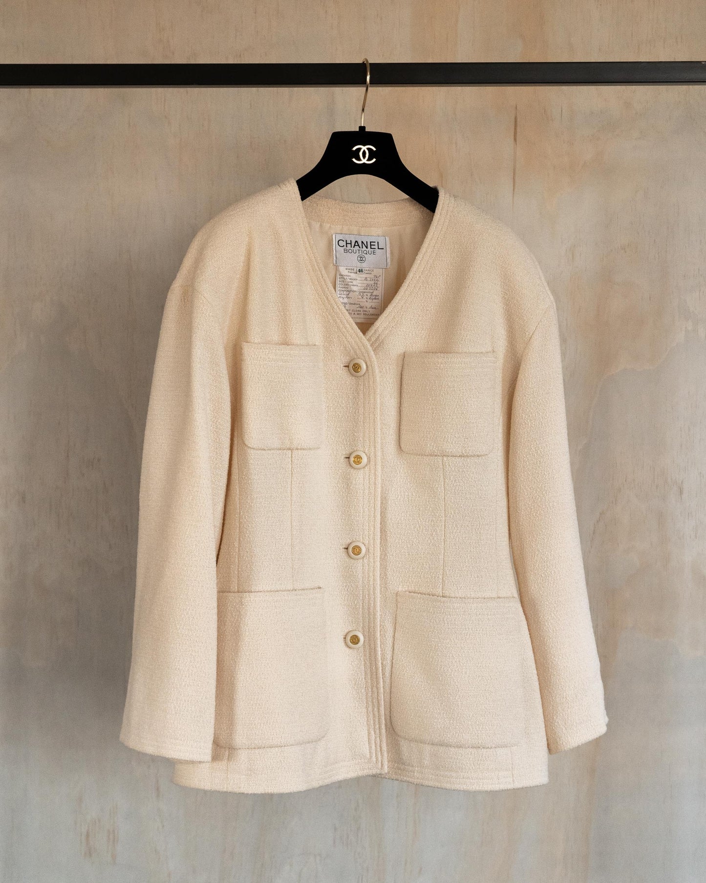 FR36-44 Chanel Spring 1994 Classic Four Pocket Collarless Ivory Wool Tweed Jacket