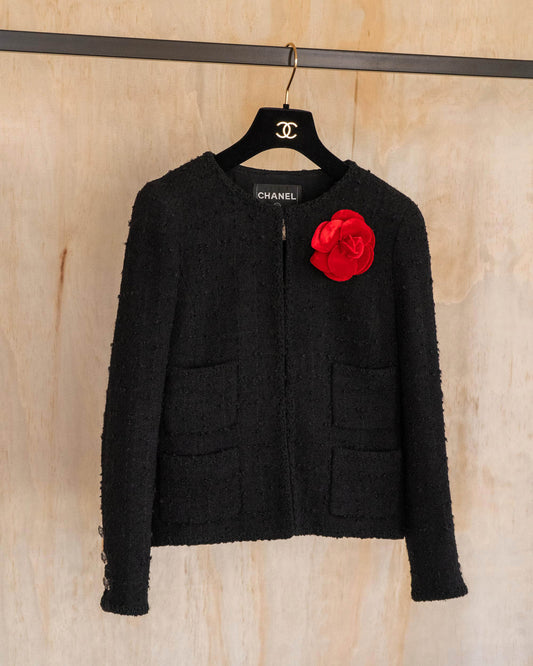 FR34-36 Chanel Fall 2009 Timeless Classic Collarless Four Pocket Black Tweed Jacket