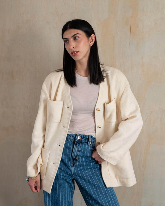 FR36-44 Chanel Spring 1994 Classic Four Pocket Collarless Ivory Wool Tweed Jacket