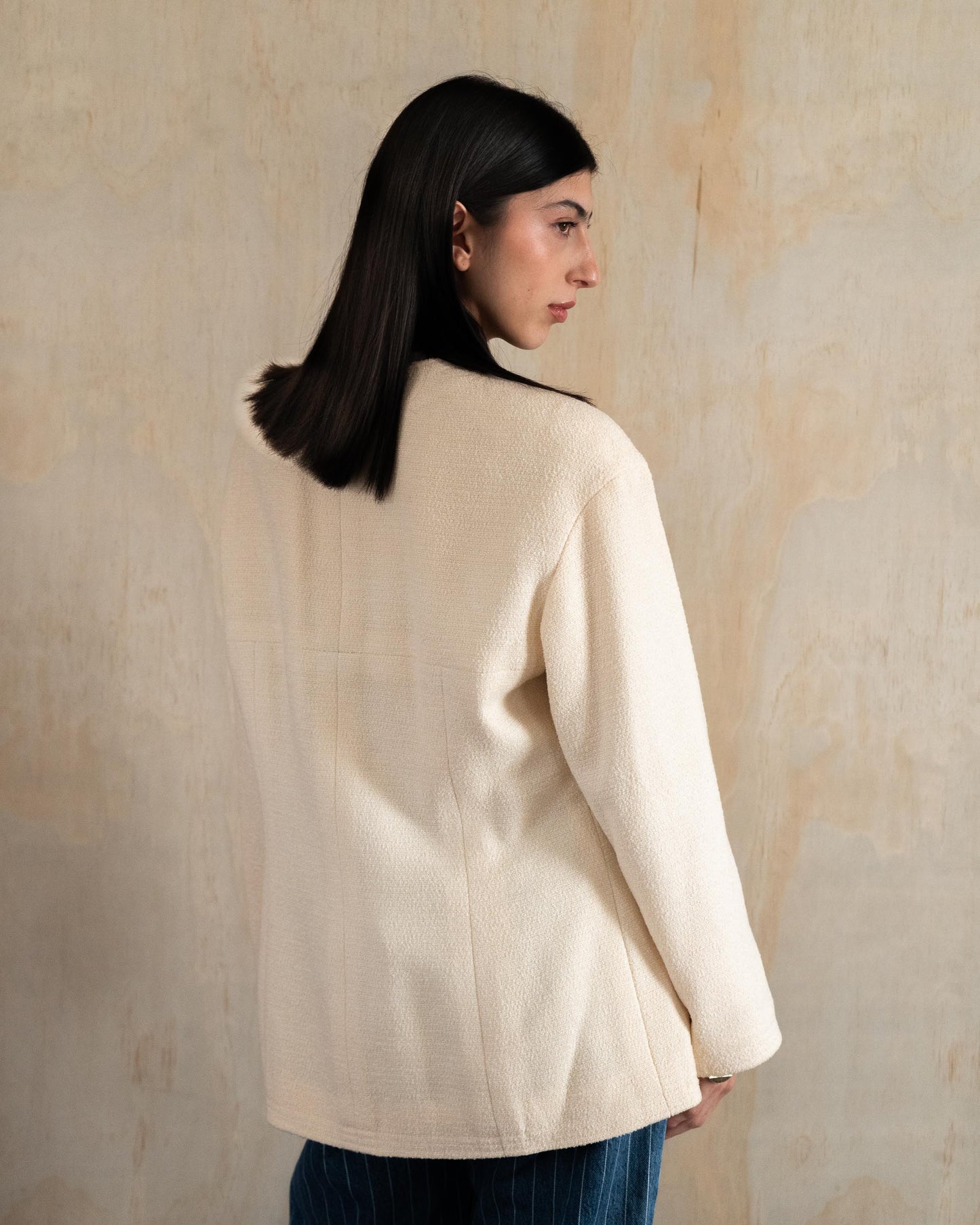 FR36-44 Chanel Spring 1994 Classic Four Pocket Collarless Ivory Wool Tweed Jacket