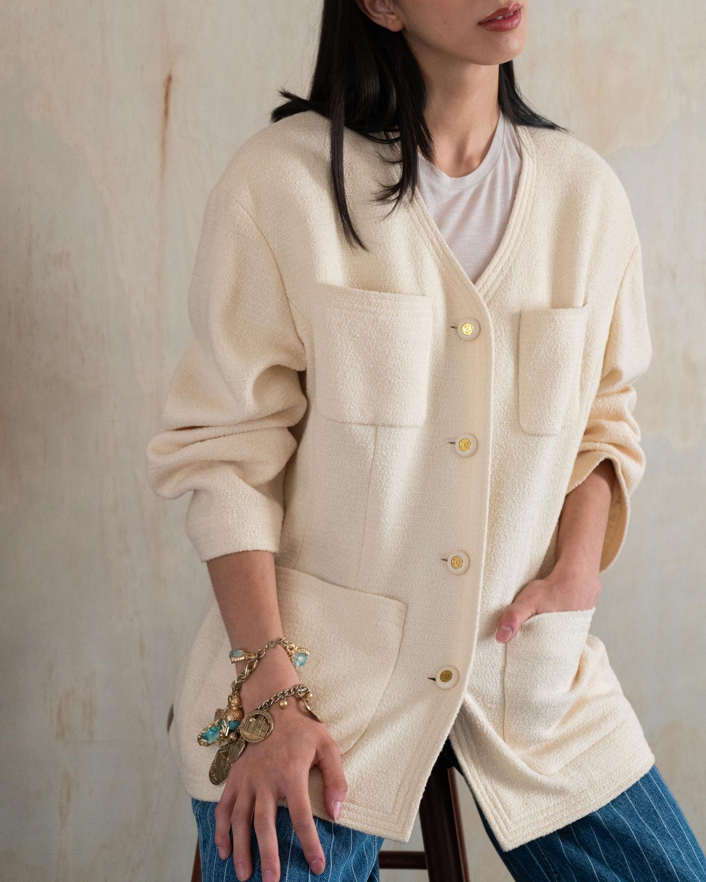 FR36-44 Chanel Spring 1994 Classic Four Pocket Collarless Ivory Wool Tweed Jacket