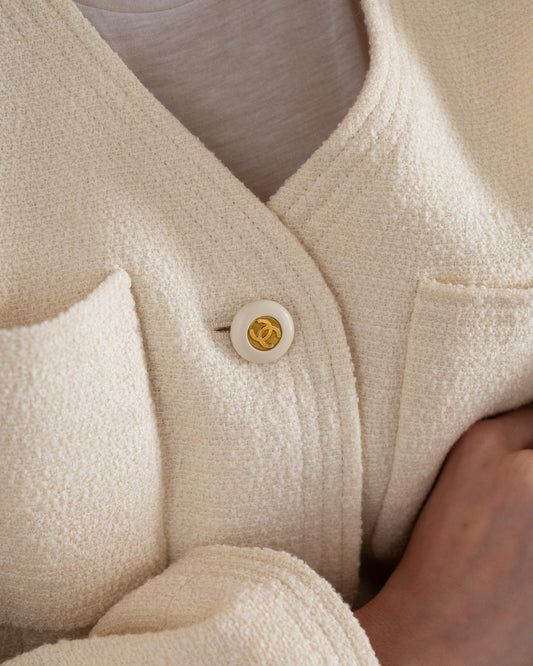 FR36-44 Chanel Spring 1994 Classic Four Pocket Collarless Ivory Wool Tweed Jacket