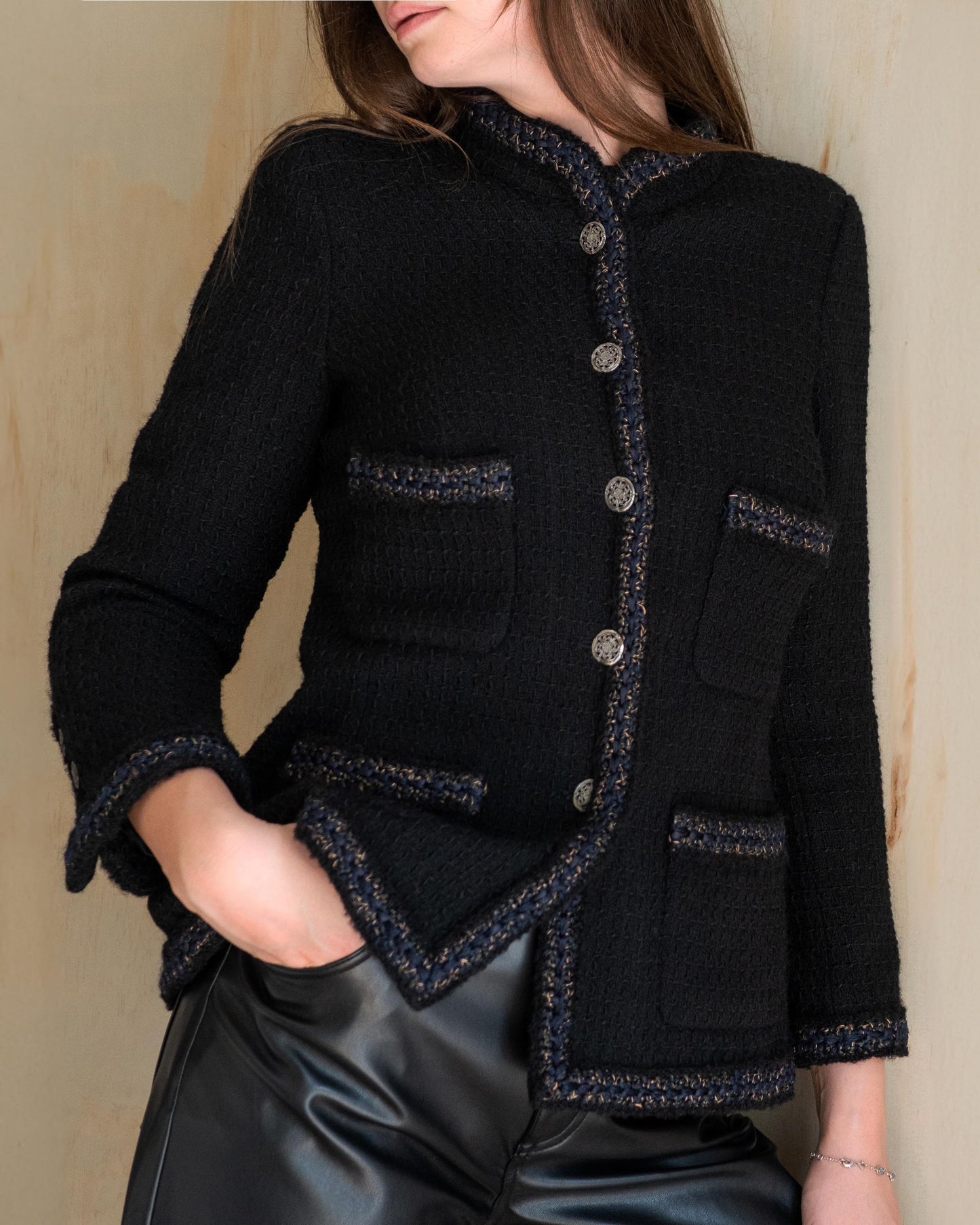 FR38-40 Chanel Pre-Fall 2010 Paris-Shanghai Classic Four Pocket High Collar Black Tweed Jacket