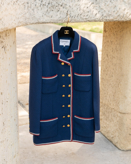 FR38-40 Chanel Fall 1989 Double Breasted Nautical Style Four Pocket Red and Grey Trim Wool Jacket