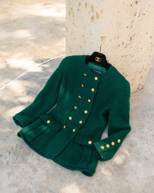 FR34-36 Chanel Fall 1988 Double Breasted Two Pocket Military Style Collarless Wool Jacket
