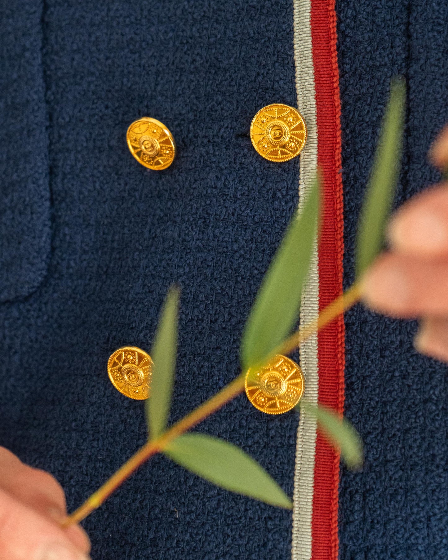 FR38-40 Chanel Fall 1989 Double Breasted Nautical Style Four Pocket Red and Grey Trim Wool Jacket