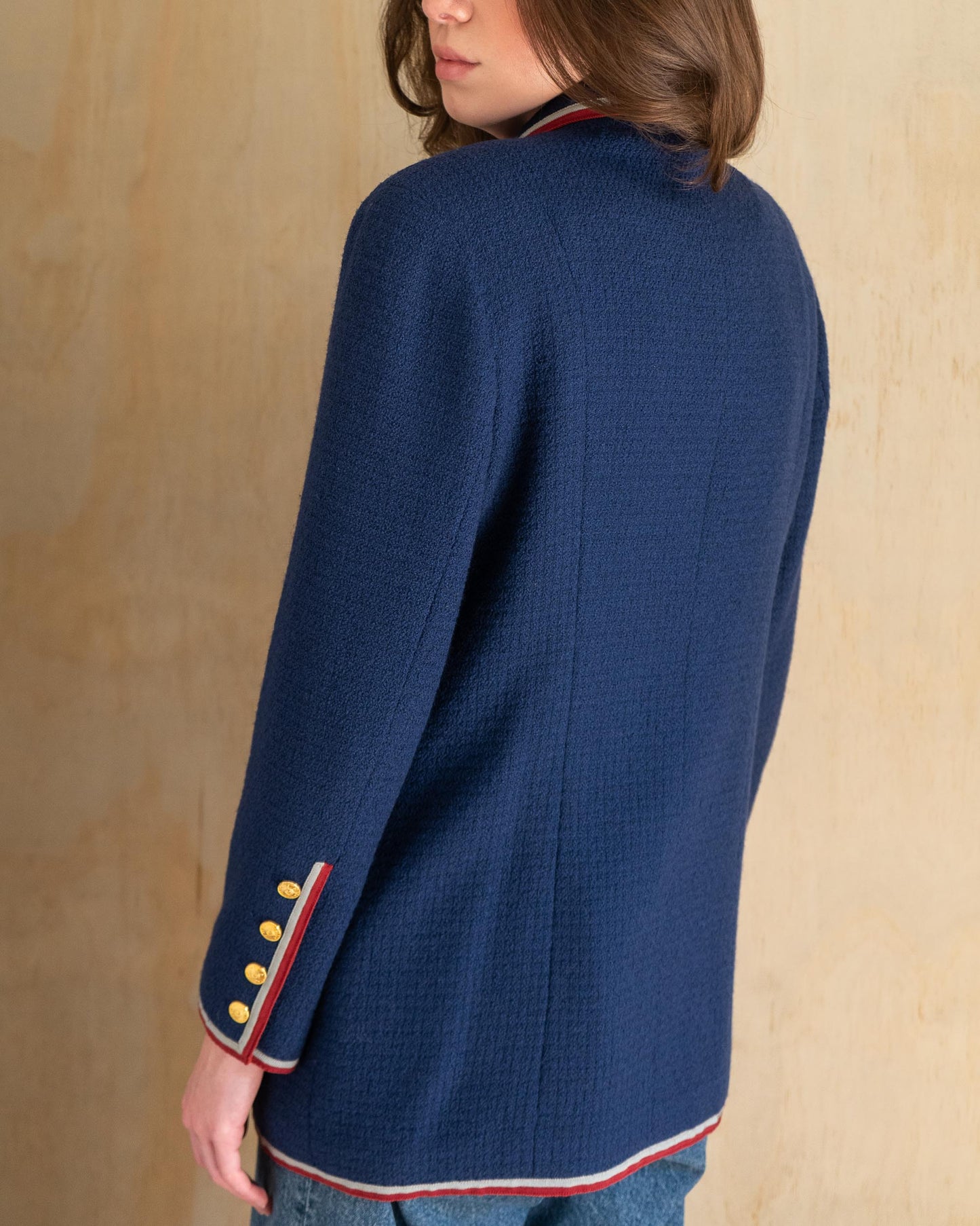 FR38-40 Chanel Fall 1989 Double Breasted Nautical Style Four Pocket Red and Grey Trim Wool Jacket