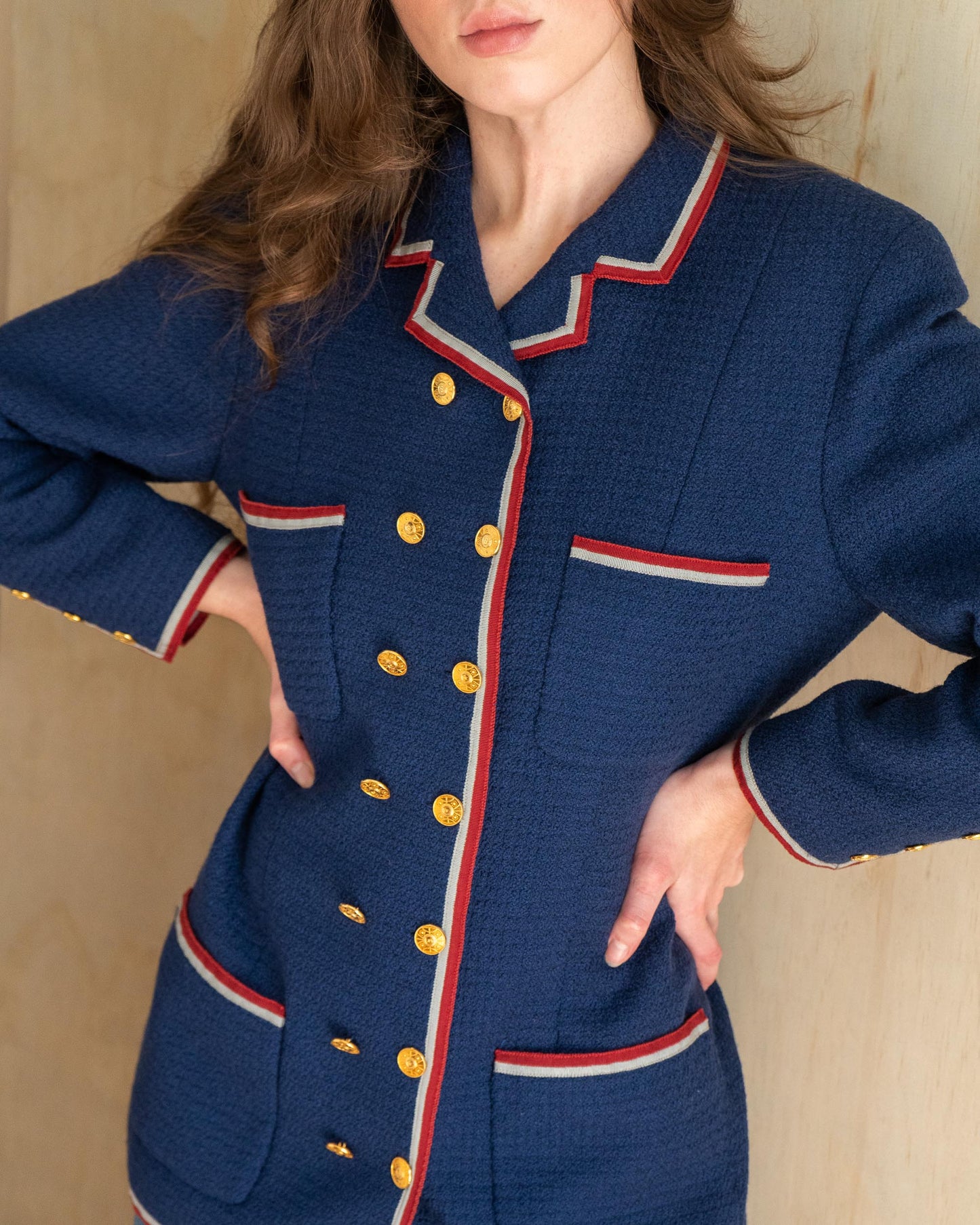 FR38-40 Chanel Fall 1989 Double Breasted Nautical Style Four Pocket Red and Grey Trim Wool Jacket