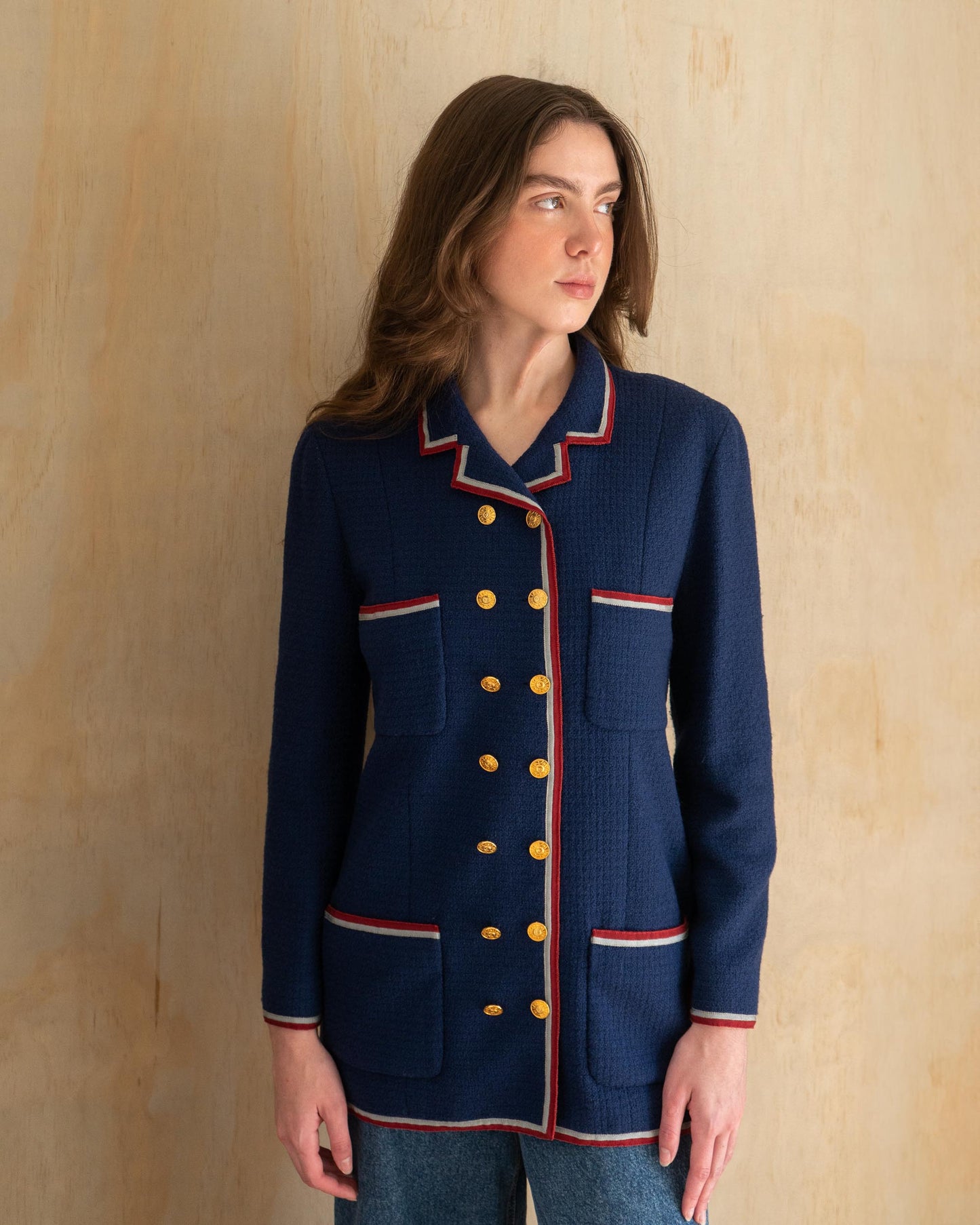 FR38-40 Chanel Fall 1989 Double Breasted Nautical Style Four Pocket Red and Grey Trim Wool Jacket