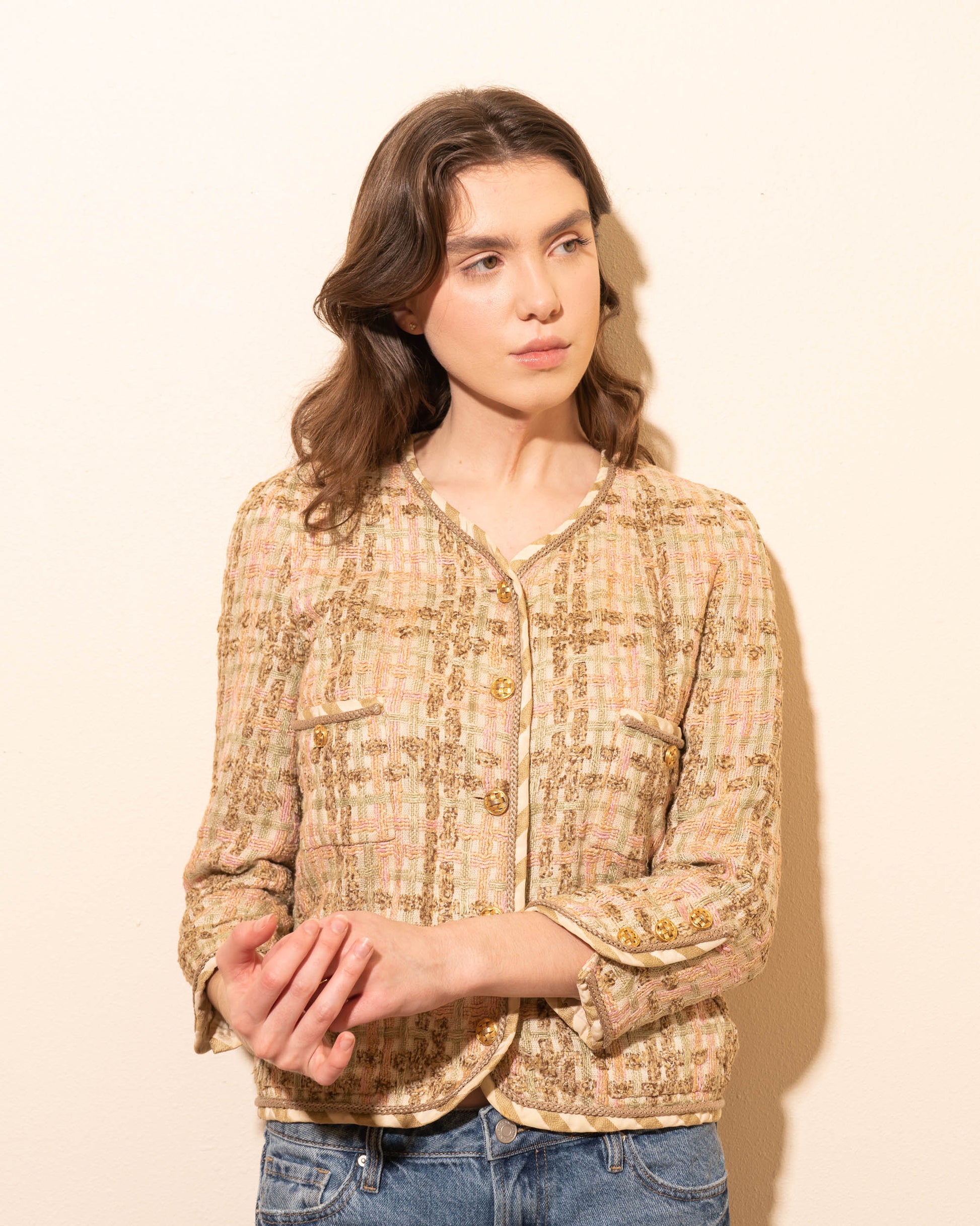 FR36 Chanel Spring 1984 Classic Collarless Four Pocket Fantasy Tweed J