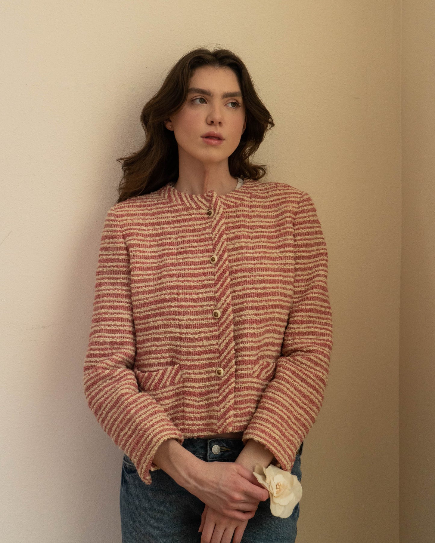 FR38-40 Chanel Creations 1970s Two Pocket Collarless Striped Tweed Jacket