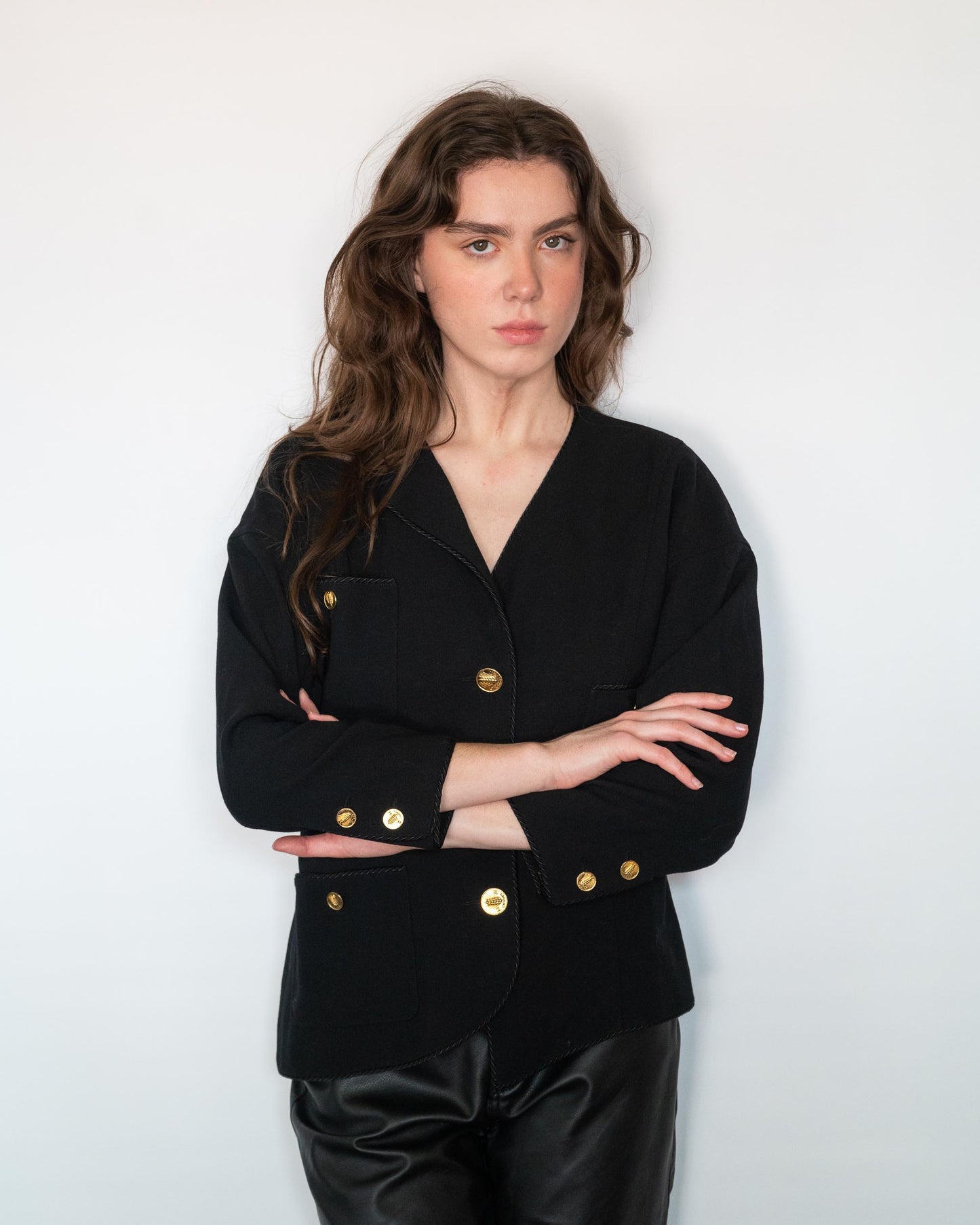 FR40-42 Chanel Spring 1987 Three Pocket Asymmetric Black Wool Jacket