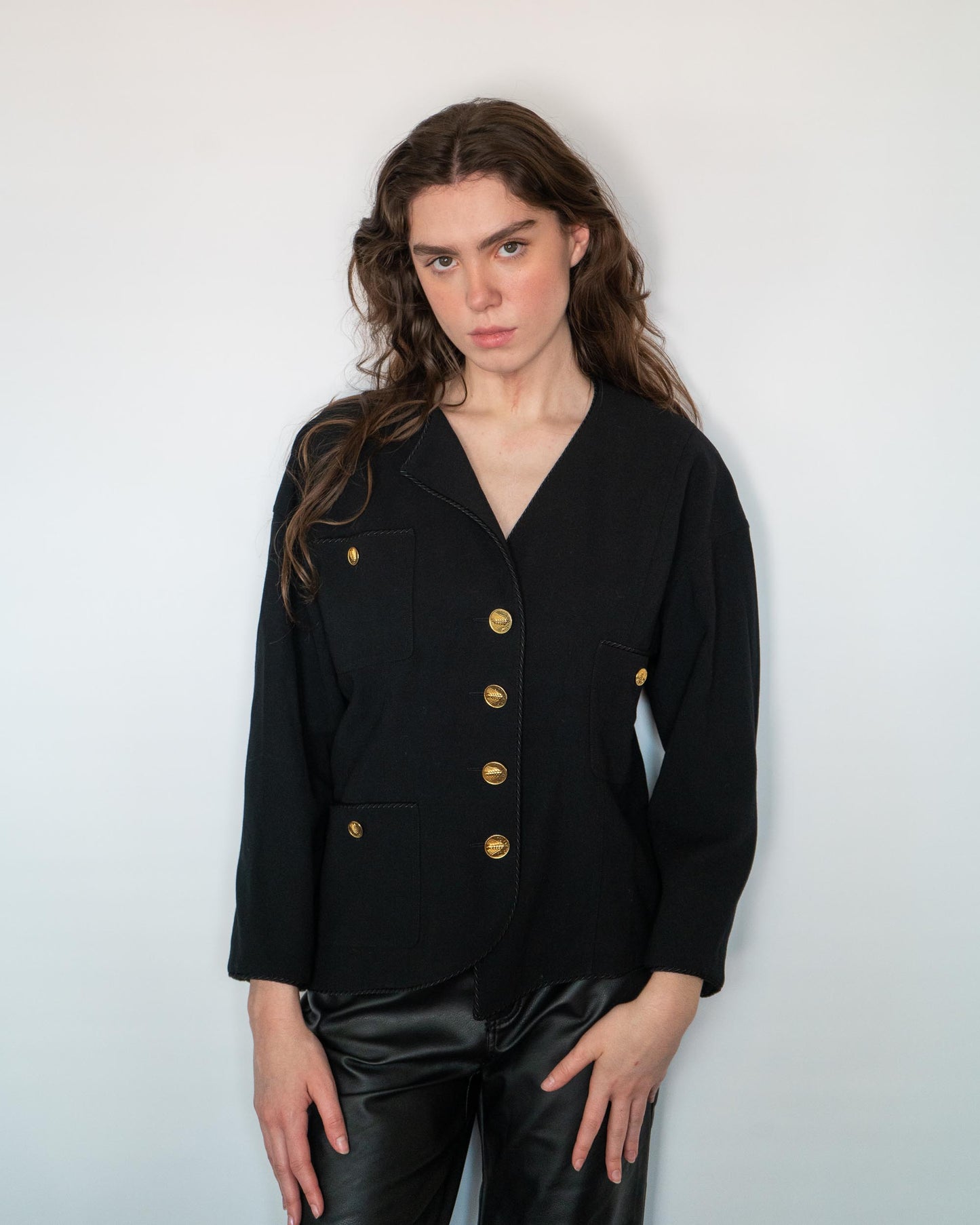 FR40-42 Chanel Spring 1987 Three Pocket Asymmetric Black Wool Jacket