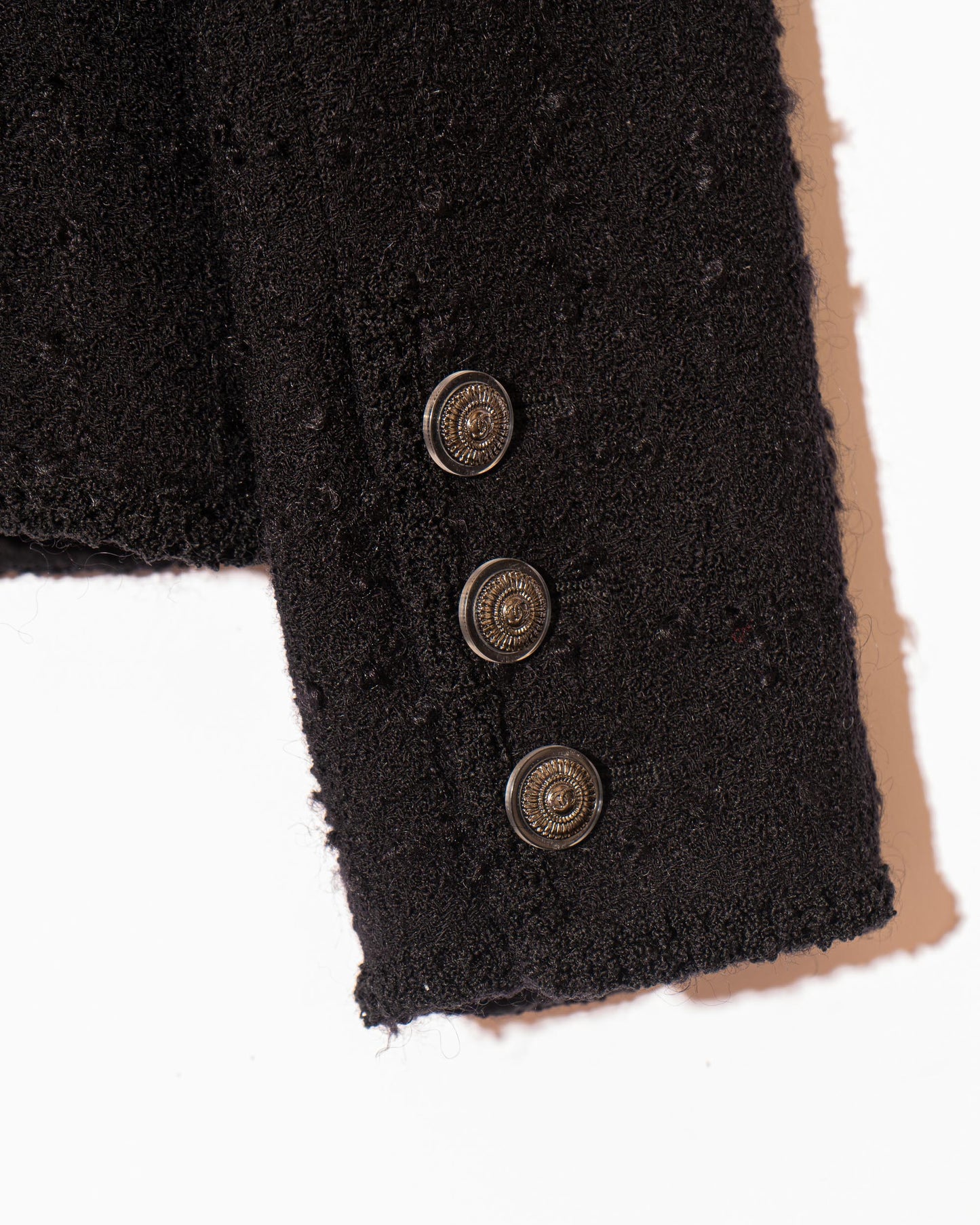 FR36-38 Rare Chanel Fall 2009 Timeless Classic Collarless Four Pocket Camellia Detail Black Tweed Jacket