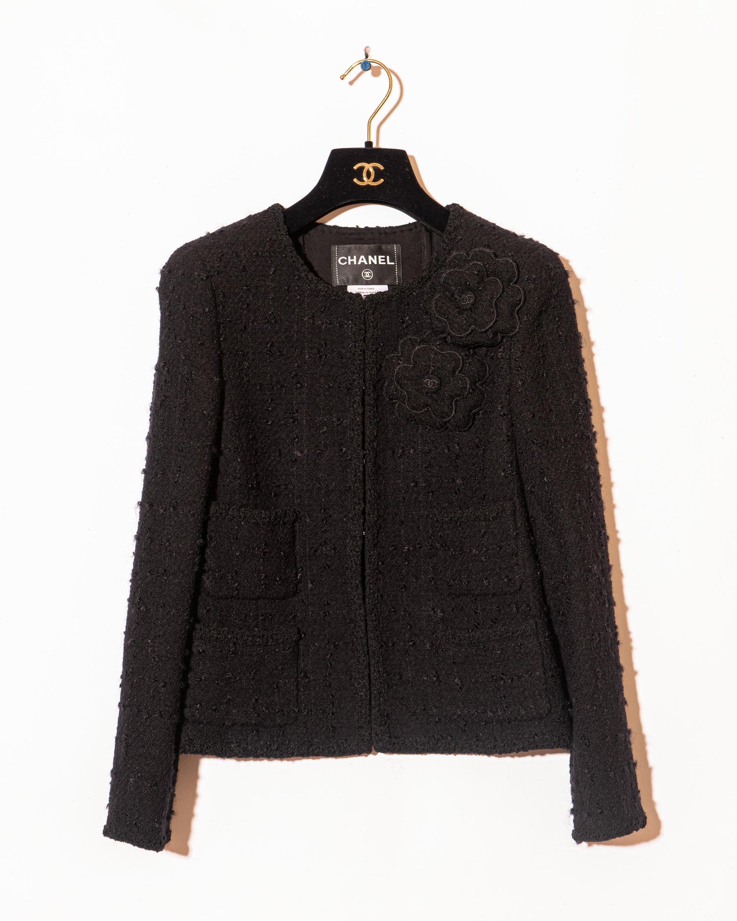 FR36-38 Rare Chanel Fall 2009 Timeless Classic Collarless Four Pocket Camellia Detail Black Tweed Jacket