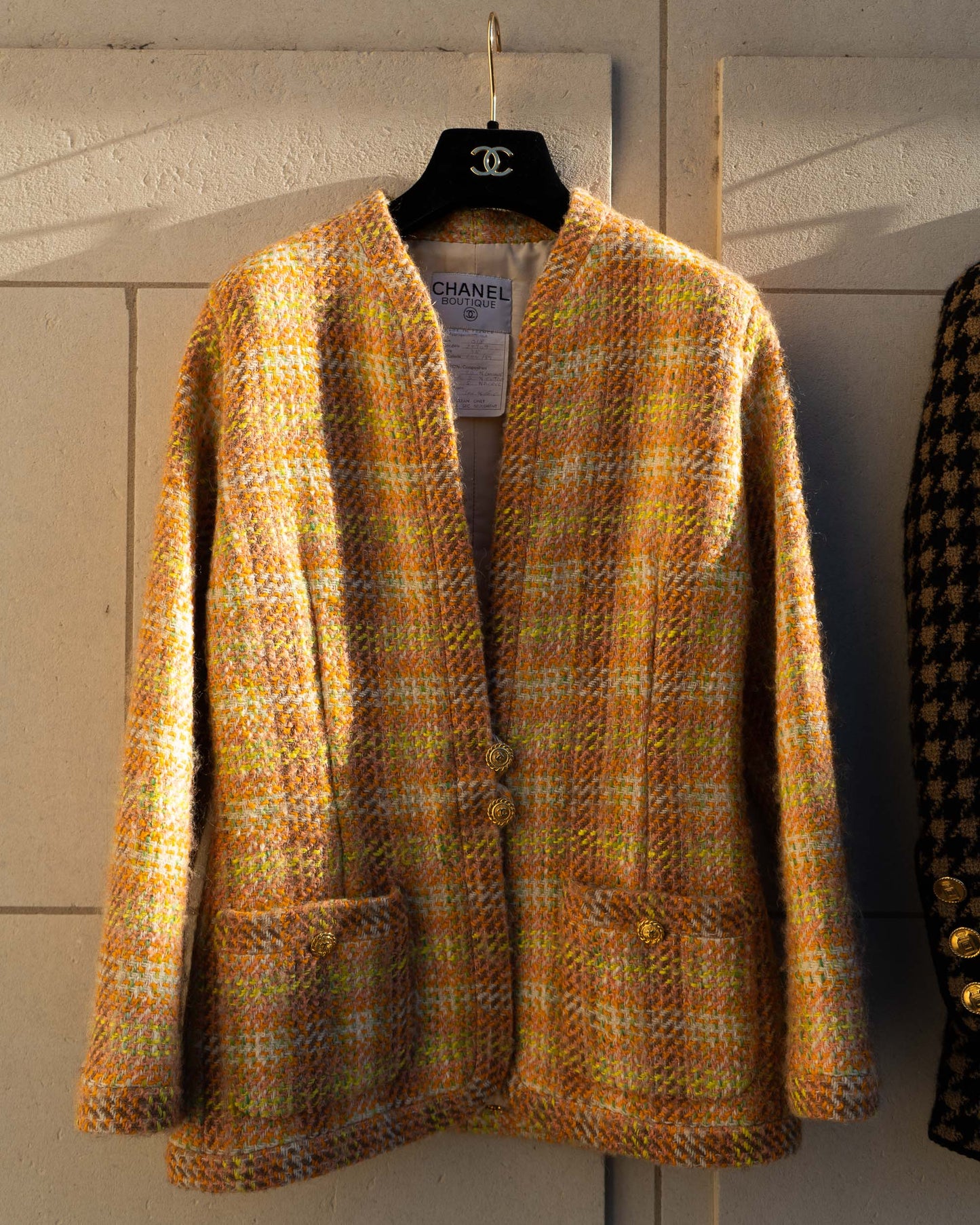 FR36-38 Chanel Fall 1989 Two Pocket Collarless Multicolor Wool Tweed Jacket