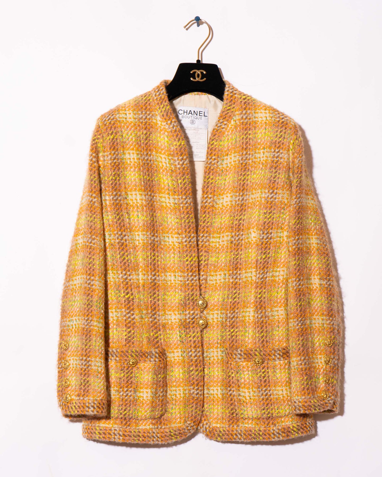 FR36-38 Chanel Fall 1989 Two Pocket Collarless Multicolor Wool Tweed Jacket