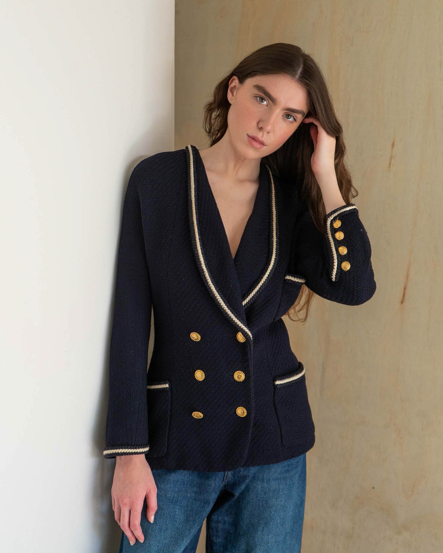 FR38-40 Chanel Fall 1988 Double Breasted Contrasting Trim Dark Navy Wool Tweed Jacket