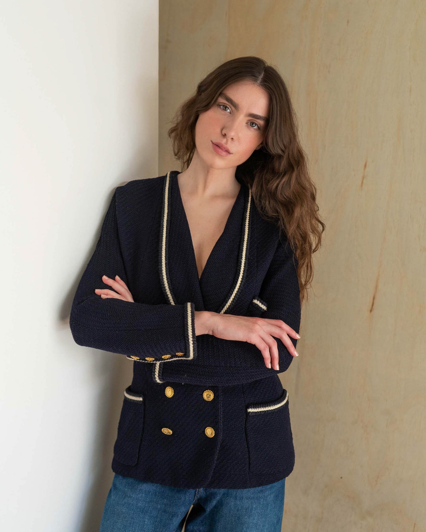 FR38-40 Chanel Fall 1988 Double Breasted Contrasting Trim Dark Navy Wool Tweed Jacket