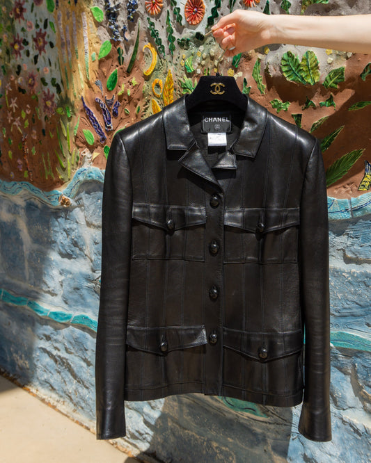 FR40-42 Rare Chanel Fall 2003 Four Pocket Multi Panel Cut Black Leather Jacket - Vintage Chanel Jacket -  Jacket - Rarchive.