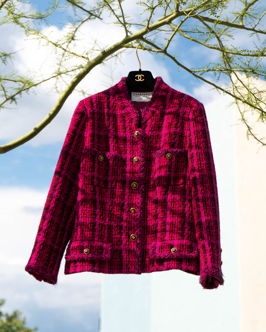 FR42-44 Rare Chanel Fall 1995 Four Pocket Iconic Bold Plaid Tweed Jacket