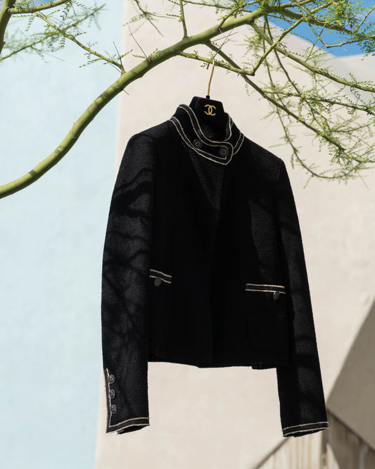 FR36-38 Chanel Cruise 2014 Paris–Singapore Collection Military Collar Jacket in Black Bouclé