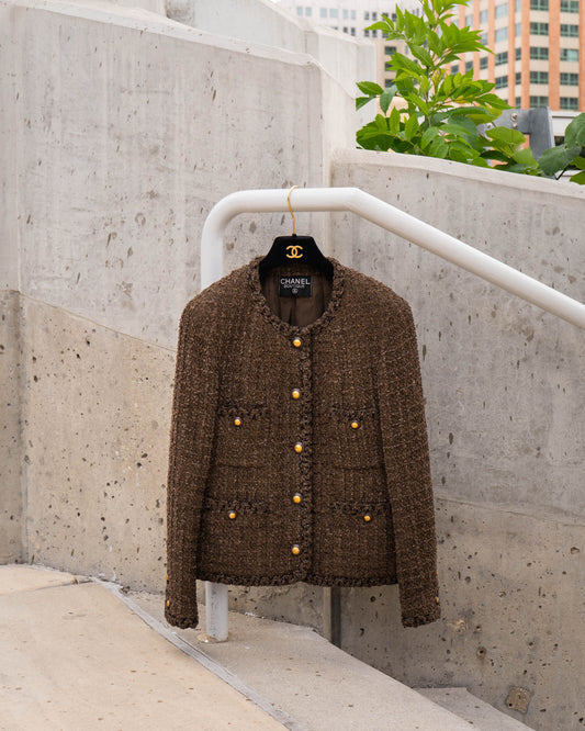 FR38-40 Rare Chanel Fall 1993 Four Pocket Timeless Collarless Teddy Bear Tweed Jacket