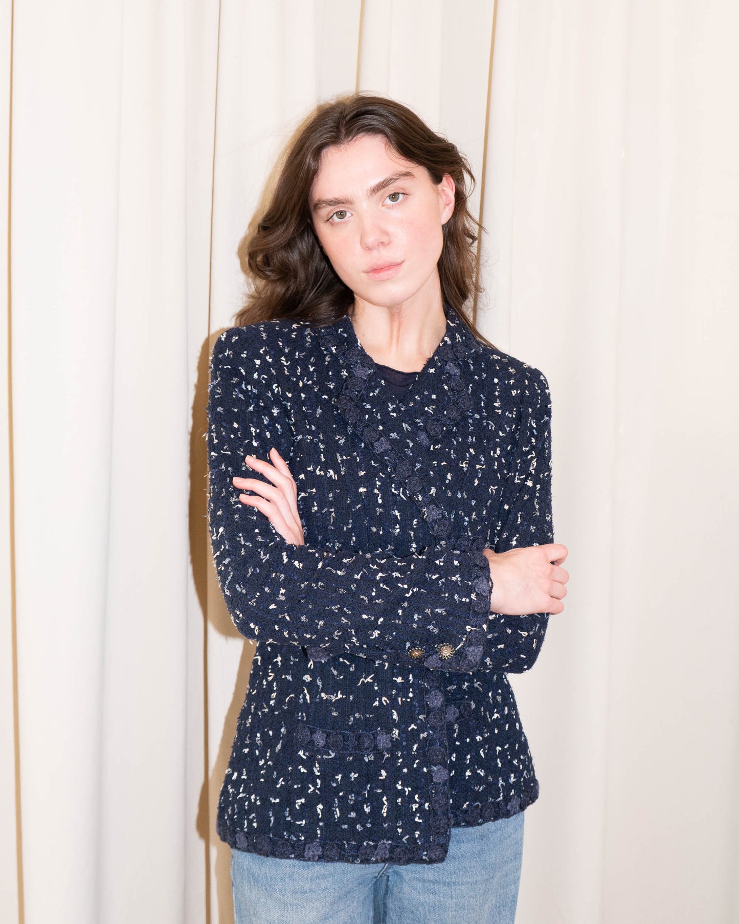 FR38-40 Chanel Cruise 2011 Navy Fantasy Tweed Jacket with Textured Trim, CC Buttons, and Four Front Pockets