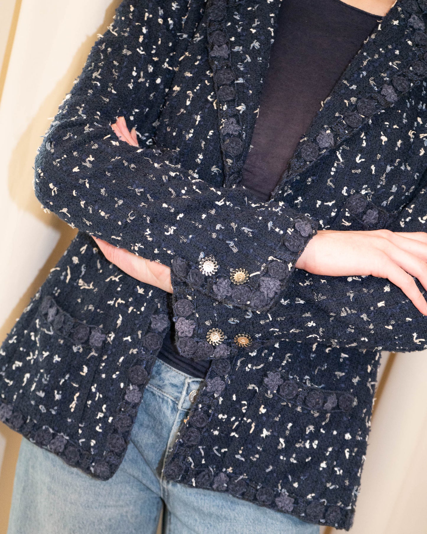 FR38-40 Chanel Cruise 2011 Navy Fantasy Tweed Jacket with Textured Trim, CC Buttons, and Four Front Pockets