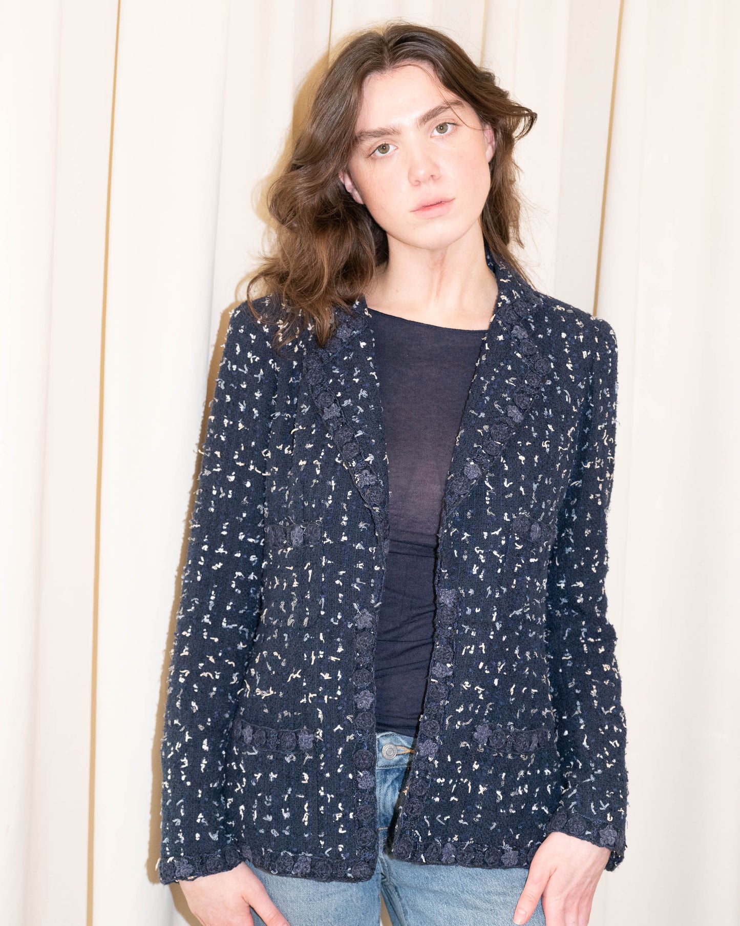 FR38-40 Chanel Cruise 2011 Navy Fantasy Tweed Jacket with Textured Trim, CC Buttons, and Four Front Pockets