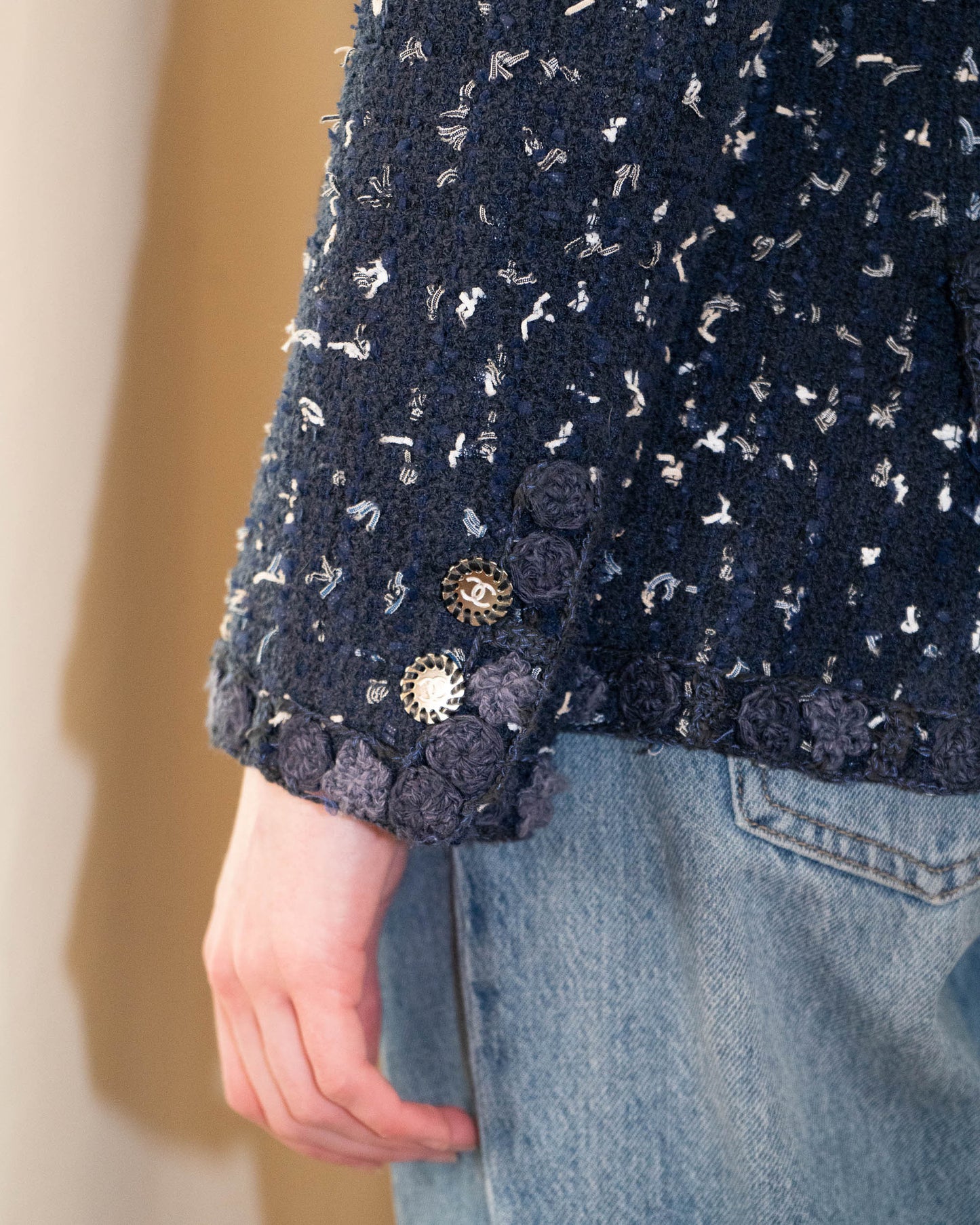 FR38-40 Chanel Cruise 2011 Navy Fantasy Tweed Jacket with Textured Trim, CC Buttons, and Four Front Pockets