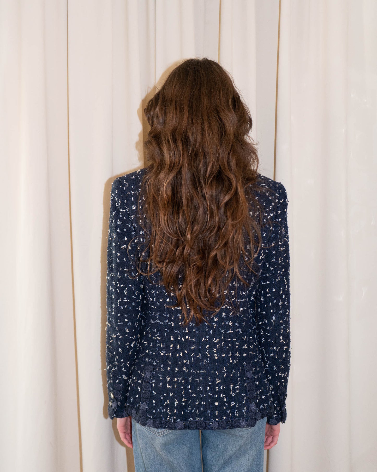 FR38-40 Chanel Cruise 2011 Navy Fantasy Tweed Jacket with Textured Trim, CC Buttons, and Four Front Pockets