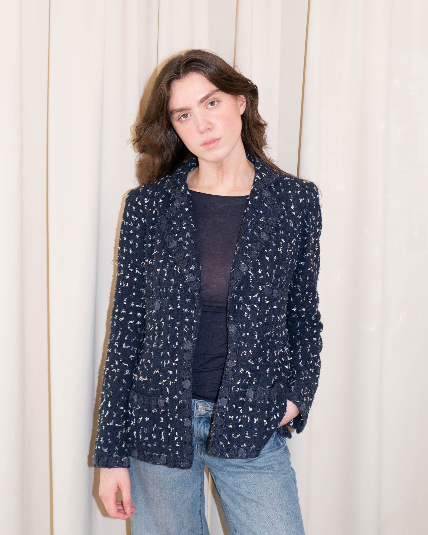 FR38-40 Chanel Cruise 2011 Navy Fantasy Tweed Jacket with Textured Trim, CC Buttons, and Four Front Pockets