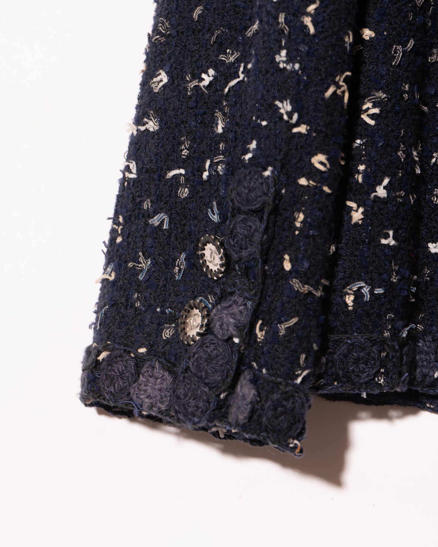 FR38-40 Chanel Cruise 2011 Navy Fantasy Tweed Jacket with Textured Trim, CC Buttons, and Four Front Pockets