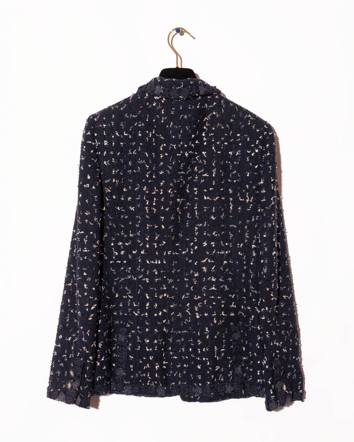 FR38-40 Chanel Cruise 2011 Navy Fantasy Tweed Jacket with Textured Trim, CC Buttons, and Four Front Pockets