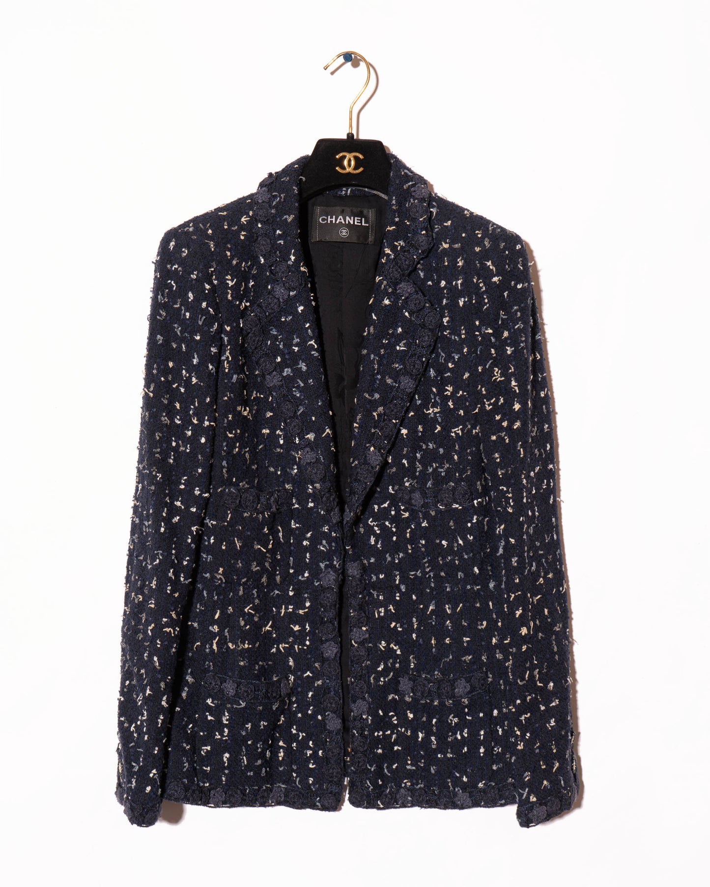 FR38-40 Chanel Cruise 2011 Navy Fantasy Tweed Jacket with Textured Trim, CC Buttons, and Four Front Pockets