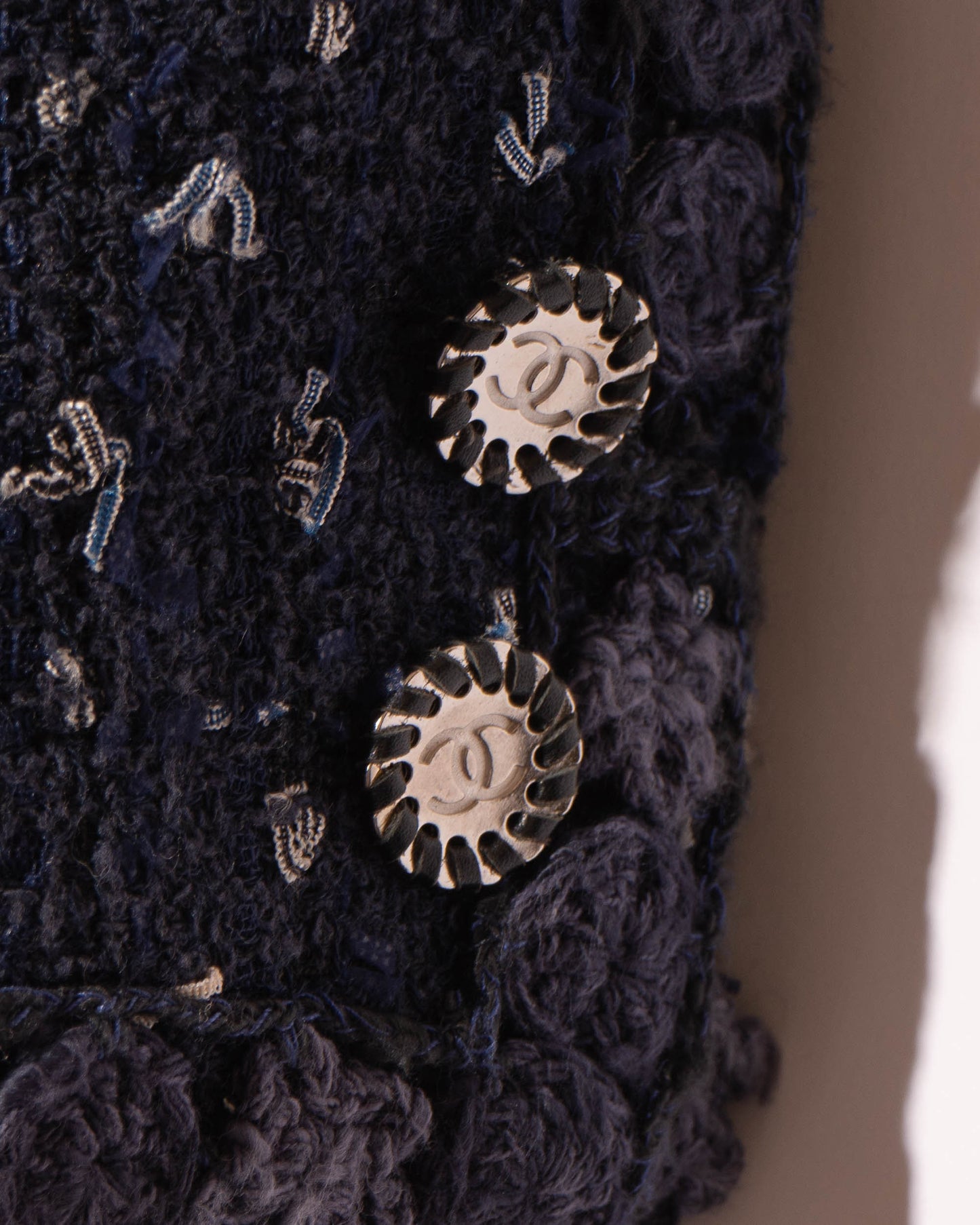 FR38-40 Chanel Cruise 2011 Navy Fantasy Tweed Jacket with Textured Trim, CC Buttons, and Four Front Pockets