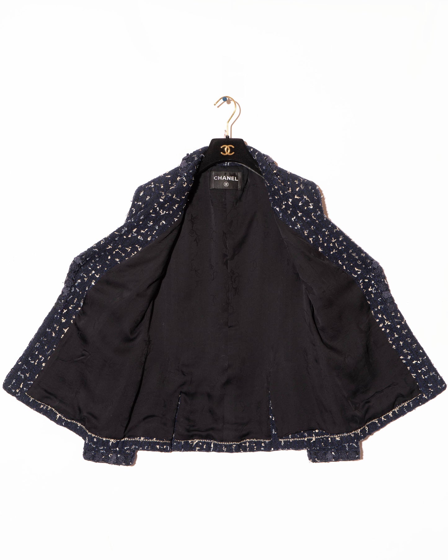 FR38-40 Chanel Cruise 2011 Navy Fantasy Tweed Jacket with Textured Trim, CC Buttons, and Four Front Pockets