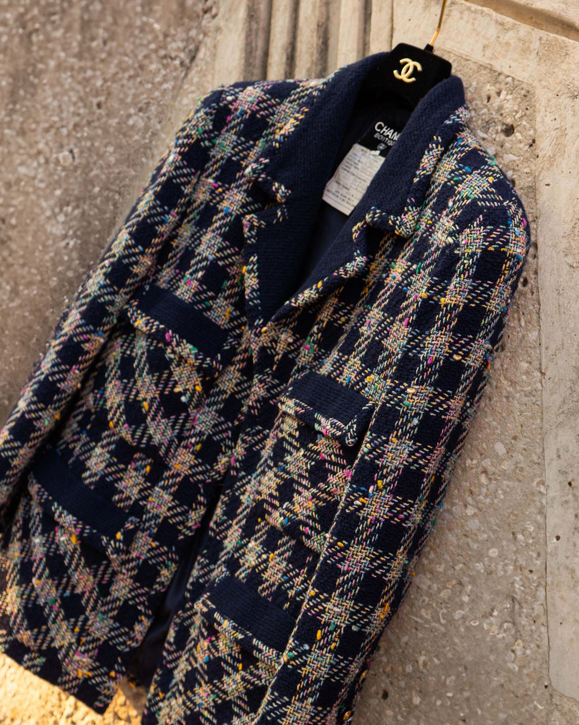 FR40-42 Rare Chanel Spring 1993 Four Pocket Navy Base with Multicolor Thread Tweed Jacket - Vintage Chanel Jacket -  Jacket - Rarchive.