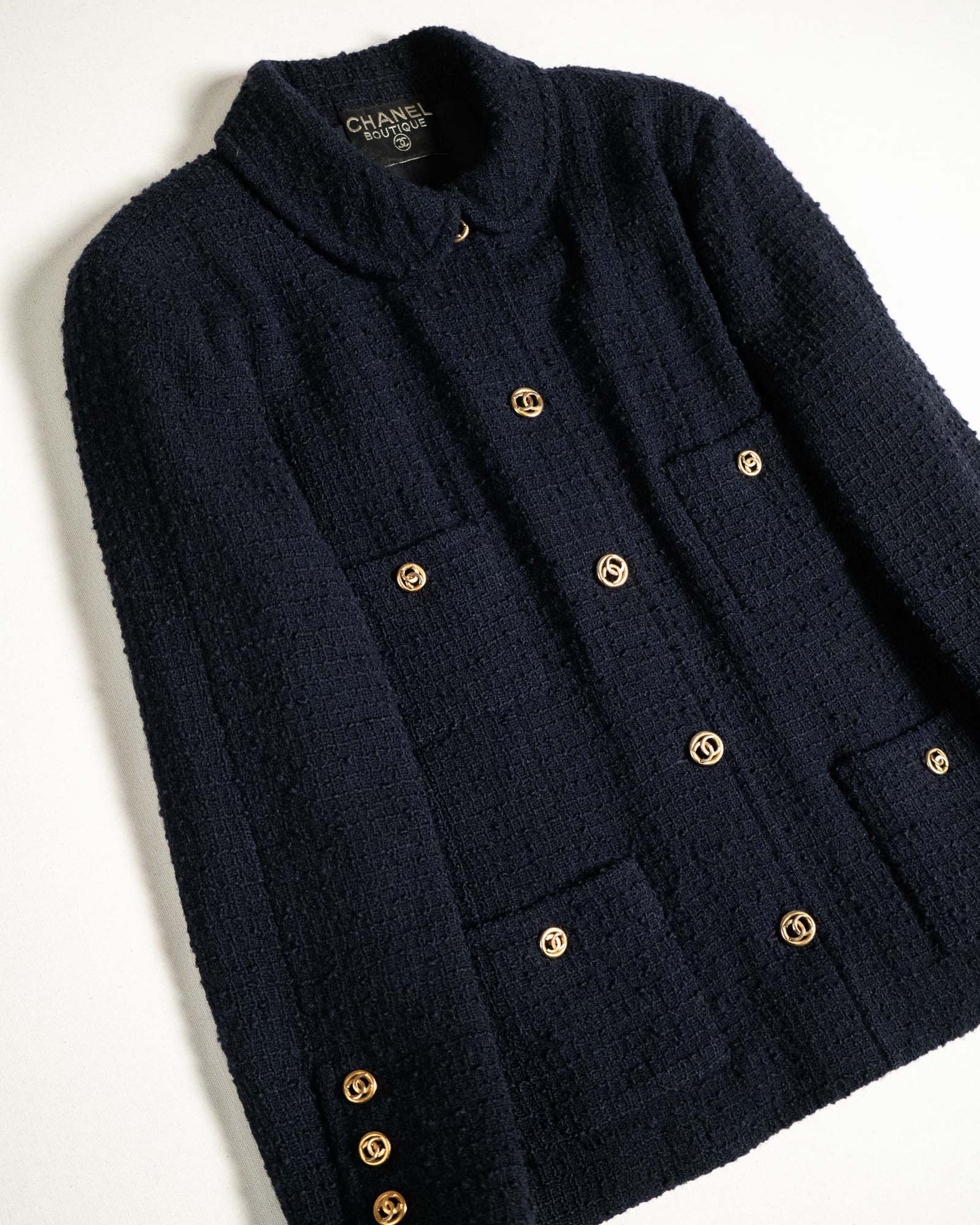 FR40–42 Chanel 1980s Classic Four Pocket Navy Tweed Jacket