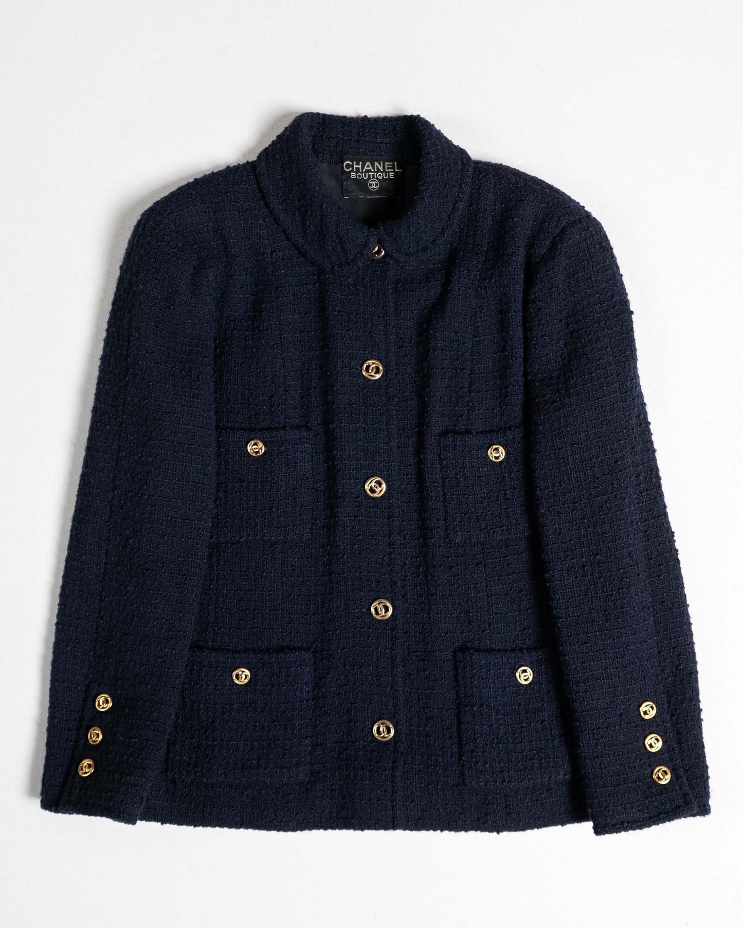 FR40–42 Chanel 1980s Classic Four Pocket Navy Tweed Jacket