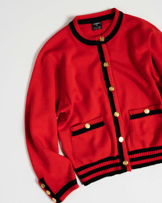 FR36-38 Chanel Fall 1987 Two Pocket Red and Black Cashmere Cardigan