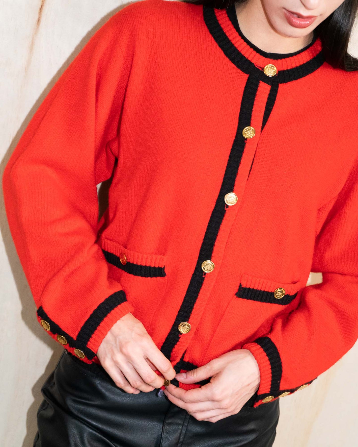 FR36-38 Chanel Fall 1987 Two Pocket Red and Black Cashmere Cardigan